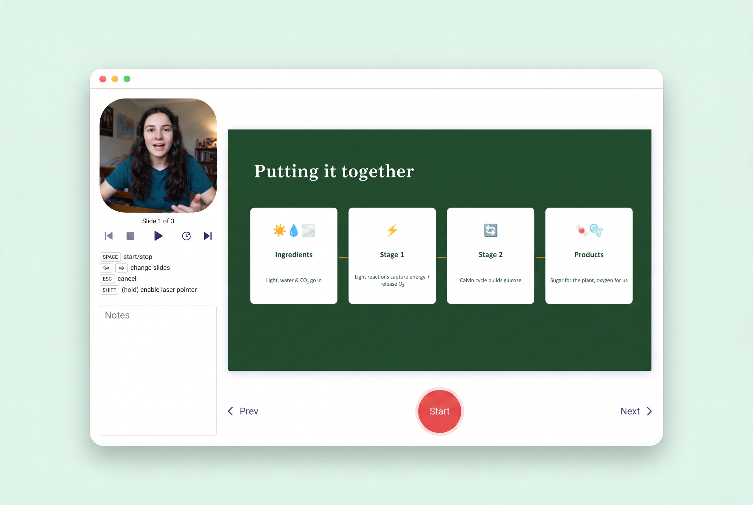 Fishbole's browser recorder: slides, a camera bubble, speaker notes, and a Start button — no editing timeline