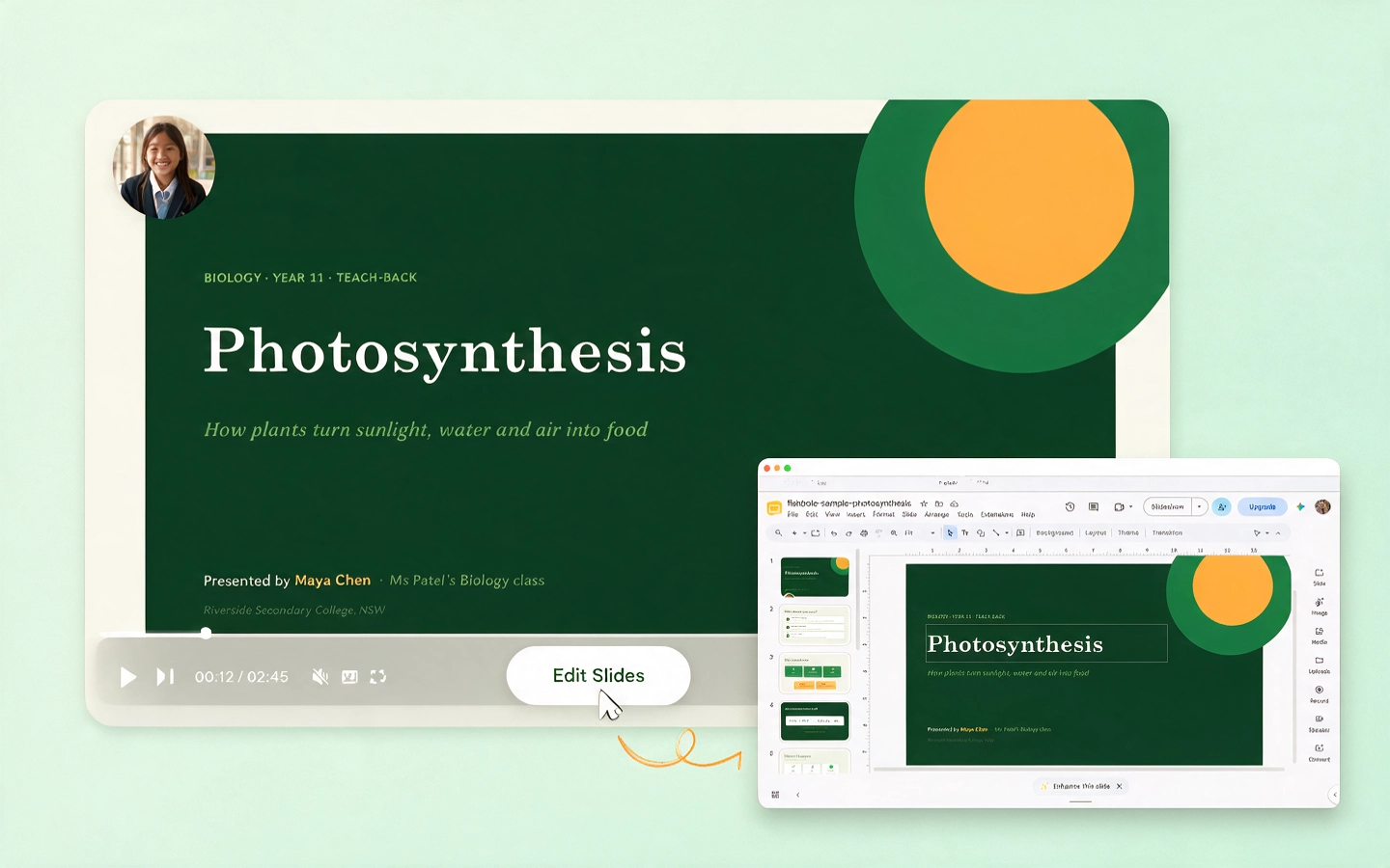 A Google Slides deck syncing live into a Fishbole presentation